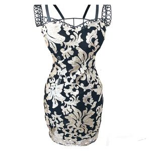 Strapless Black and Gold Sequined Cocktail Dress